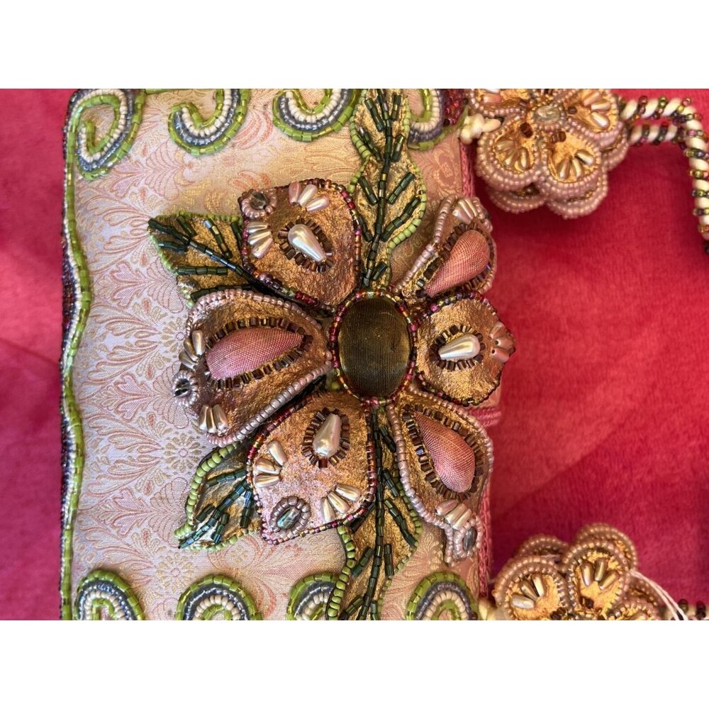 Mary Frances Beaded Floral Handbag With Intricate Embroidery Pink & Green Accent - Picture 14 of 16